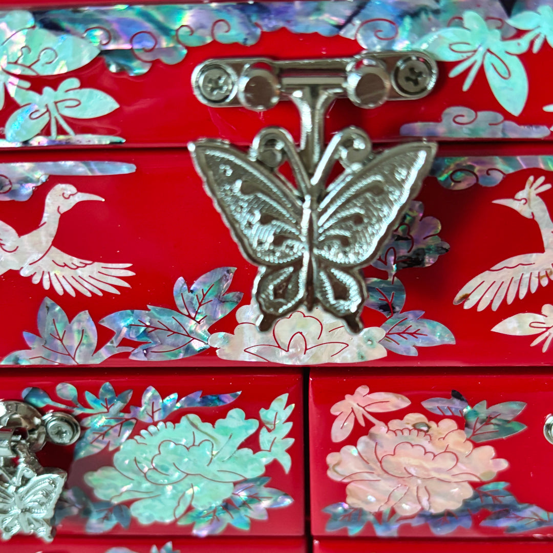Mother-of-Pearl Jewelry Chest: Red Body with Peacock Motif in Scholar’s Desk Form