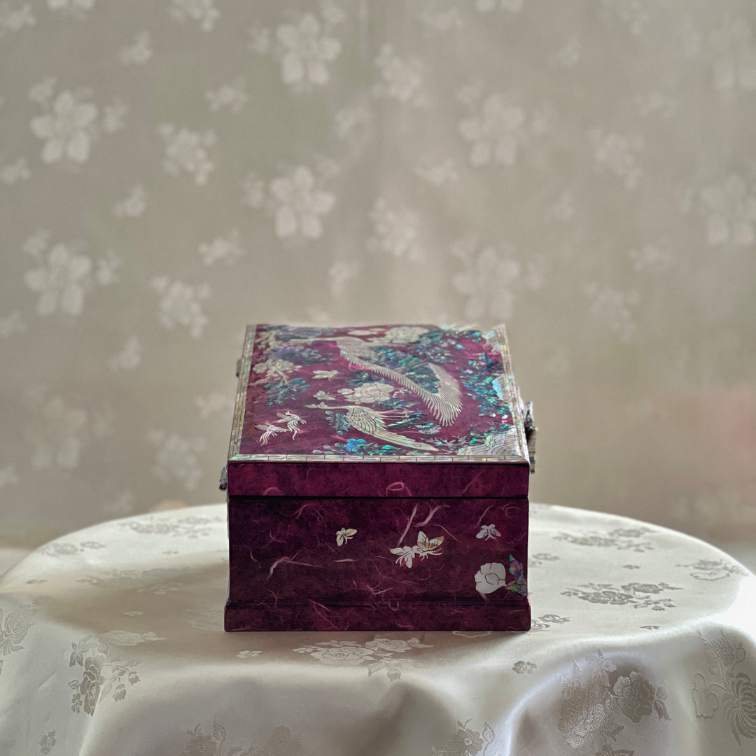 Mother of Pearl Jewelry Box: Peacock and Peony Motif on Deep Purple Hanji Body