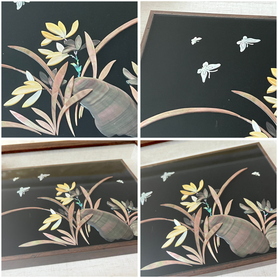 Mother of Pearl Craftwork with Orchid and Butterfly Pattern in Wooden Frame (자개 원패 호접 난초문 액자)