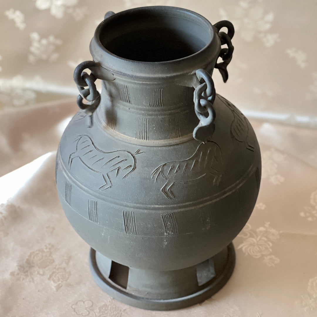 Silla Earthenware Long-Necked Jar: Horse Motif with Ring Ornaments