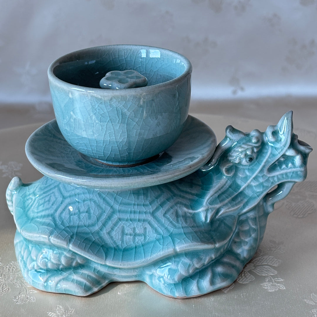 Celadon Gye-yeong Bae (Sobriety Cup): Dragon Turtle Motif by Master Artisan