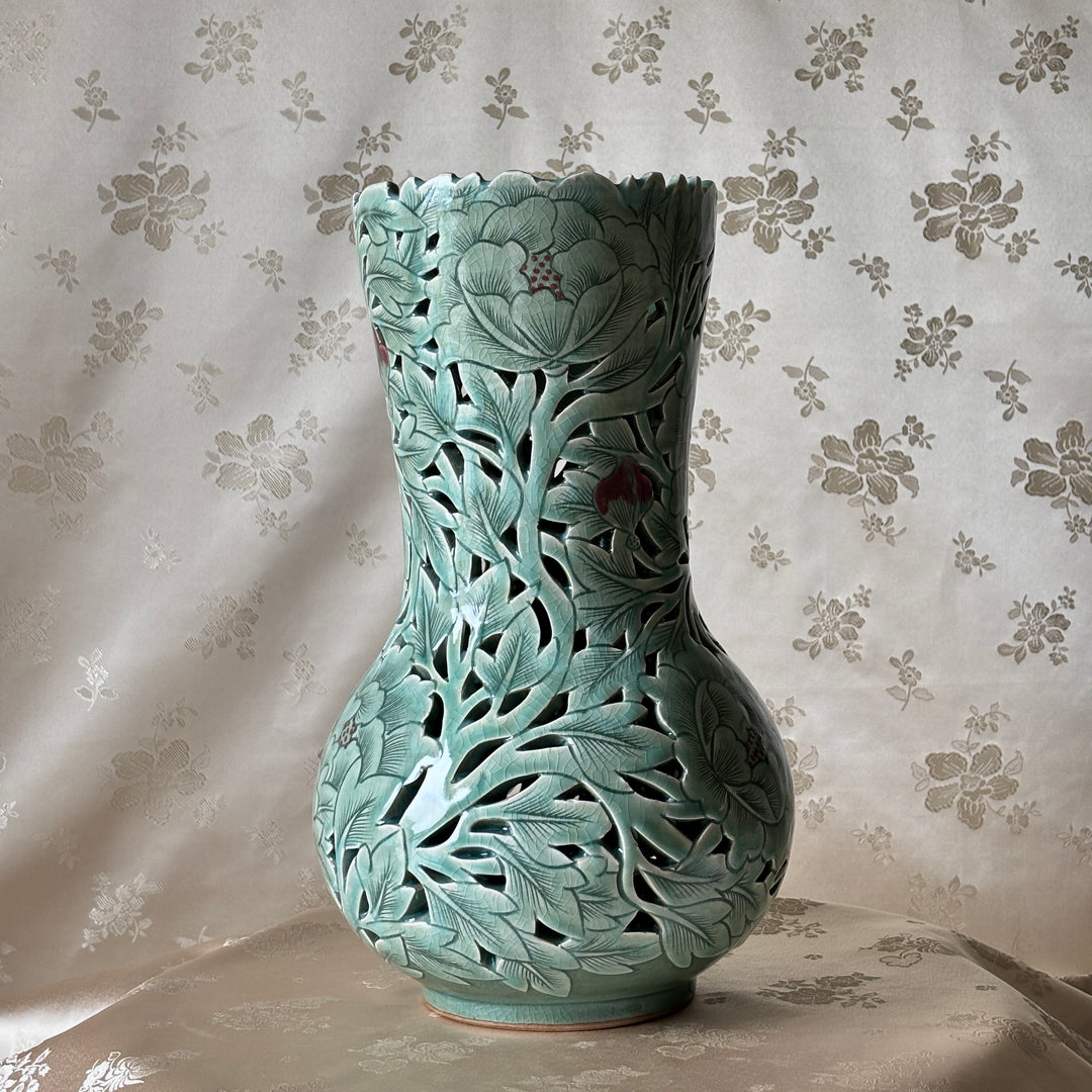 Grand-Scale Celadon Openwork Long Vase: White Slip Sgraffito (Bakji) with Peony Motif