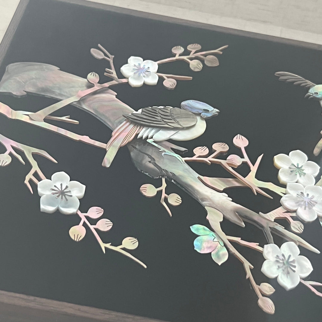 Mother-of-Pearl Art Panel: Horizontal Format, Whole Shell with Plum Blossom Tree and Bird Motif