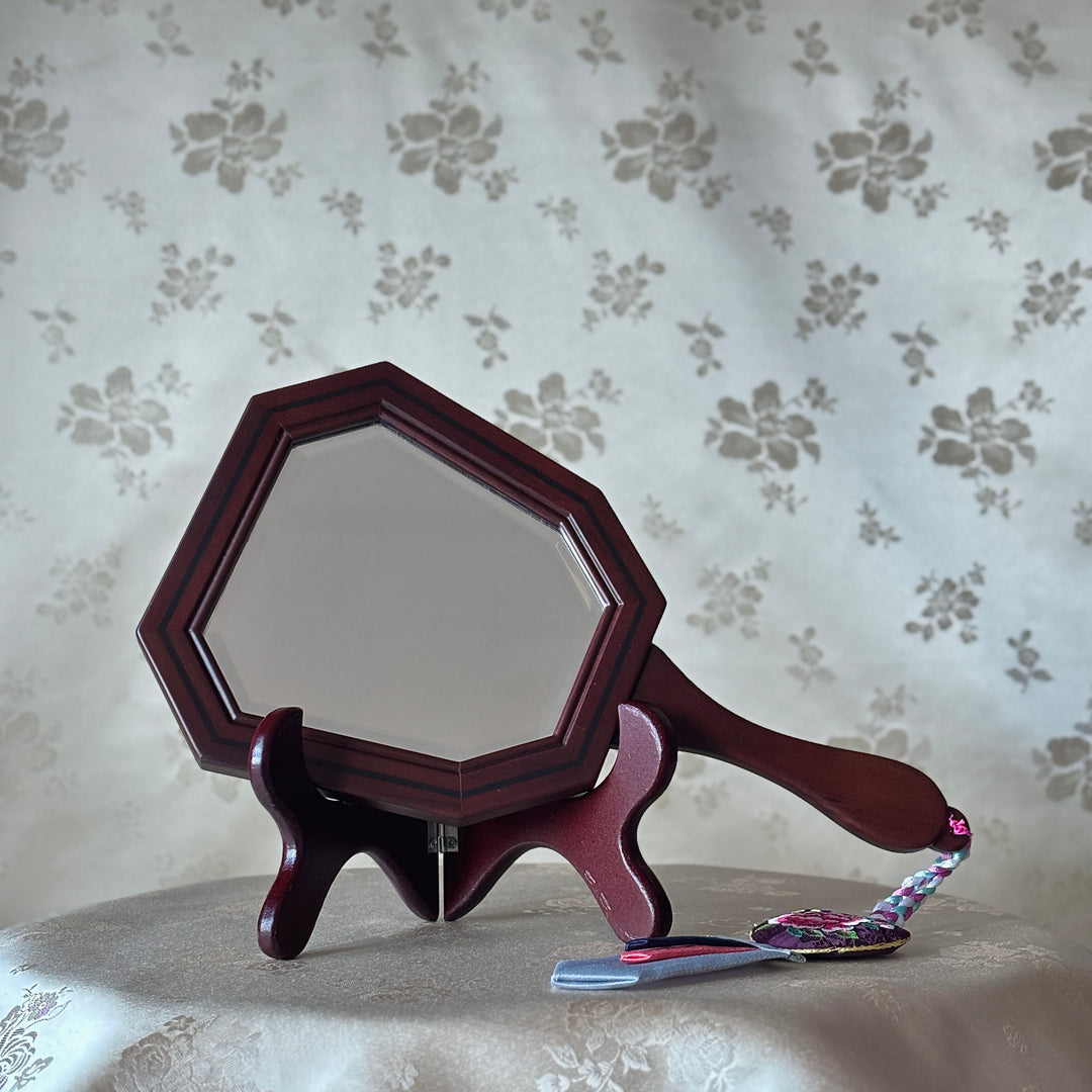 Embroidered Hand Mirror: Large, Octagonal Shape, Peony Garden Motif