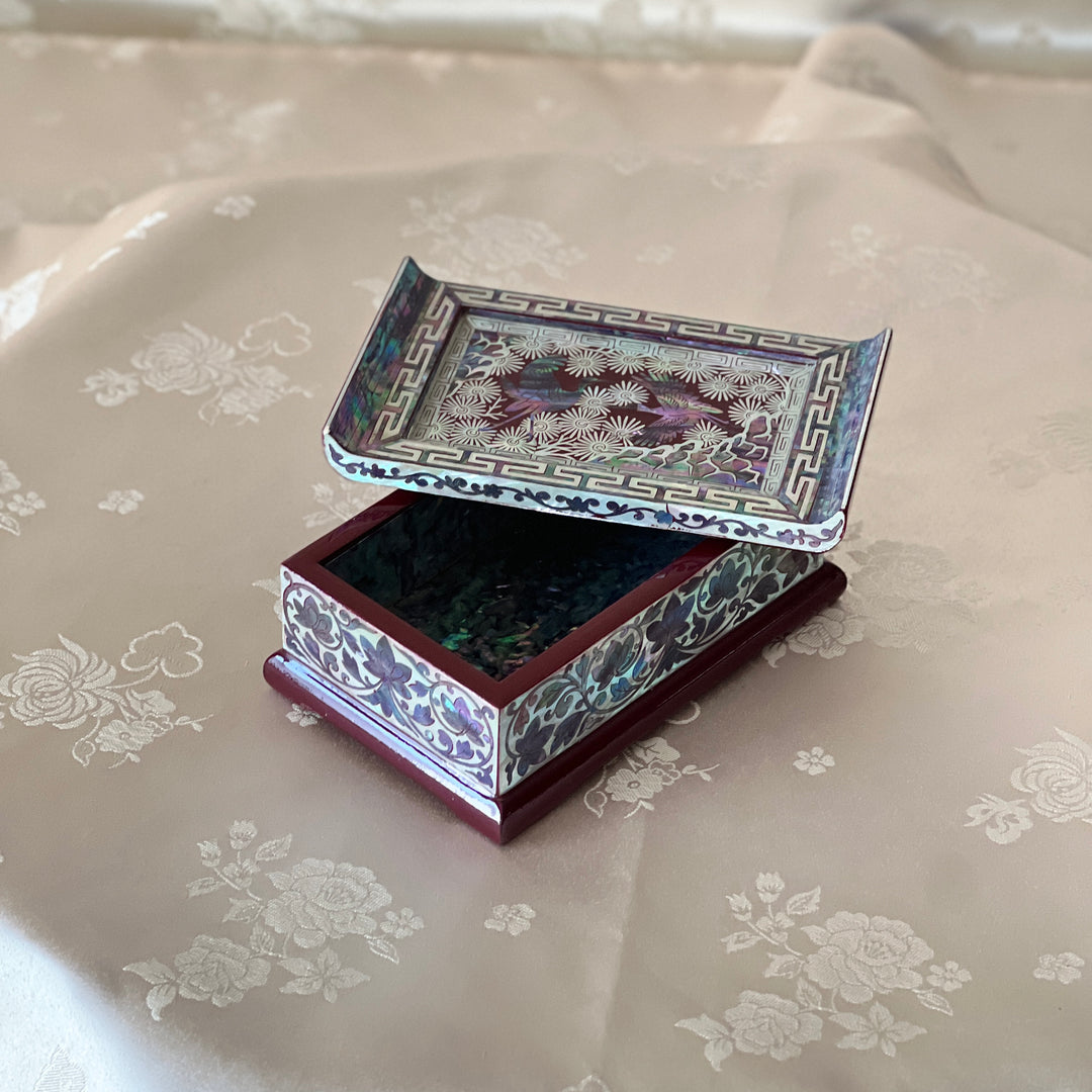 Mother-of-Pearl Lidded Box: Scholar’s Desk-Inspired Form with Crane and Pine Motif, Wine Ground