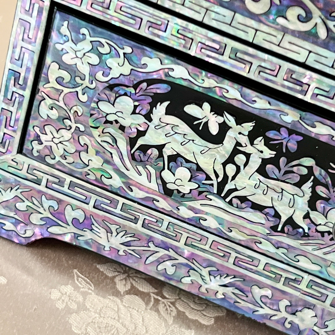 Mother-of-Pearl Double-Door Jewelry Chest: Longevity Motif, Black Ground