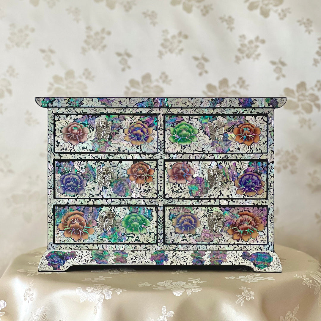Mother of Pearl Jewelry Chest: Peony and Butterfly Motif in Scholar’s Desk Form