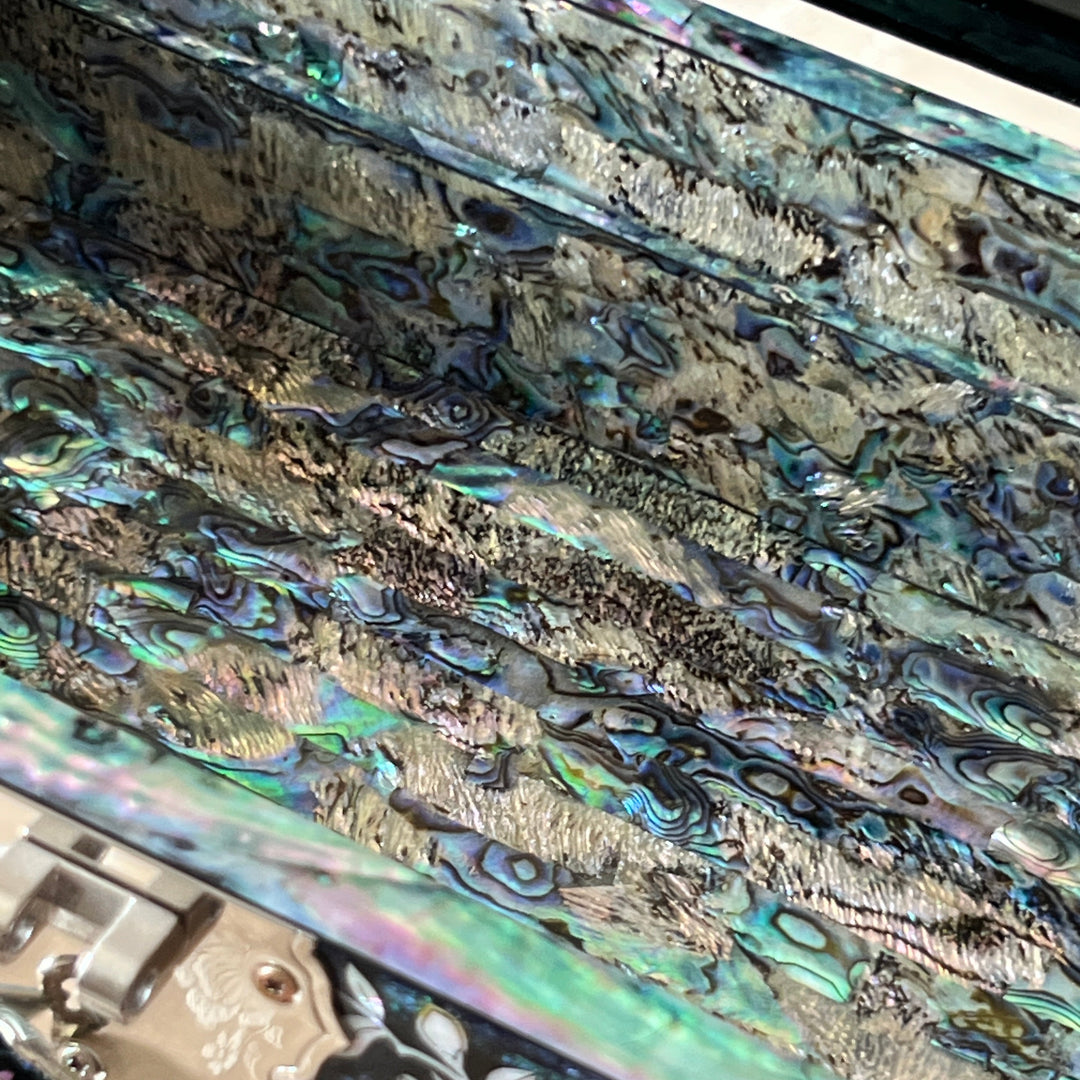 Close-up of abalone-shell ground with iridescent mother-of-pearl texture on a Korean jewelry box