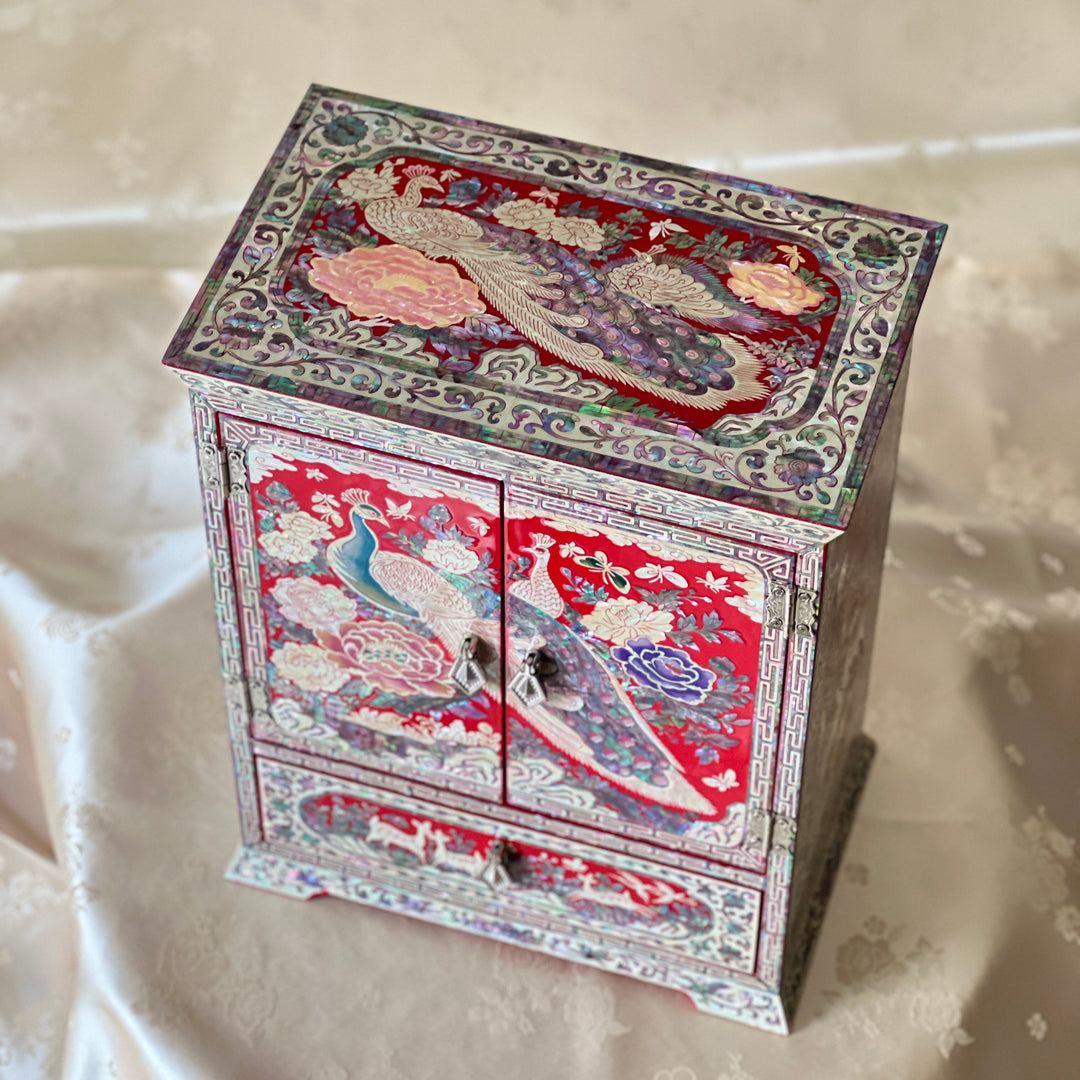 Mother-of-Pearl Double-Doored Jewelry Chest: Grand Scale, Longevity Motif on Red Ground