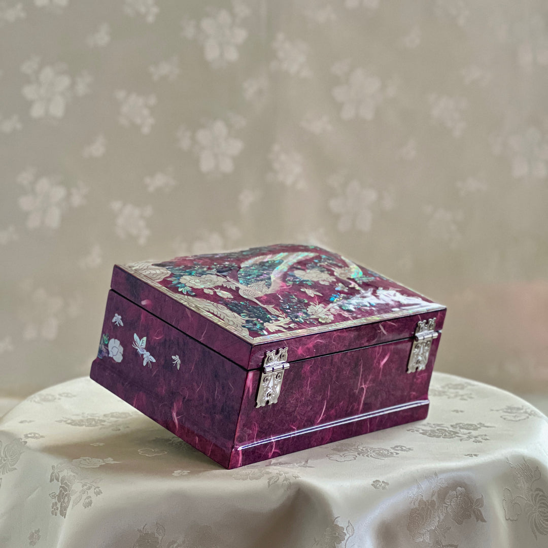 Mother of Pearl Jewelry Box: Peacock and Peony Motif on Deep Purple Hanji Body