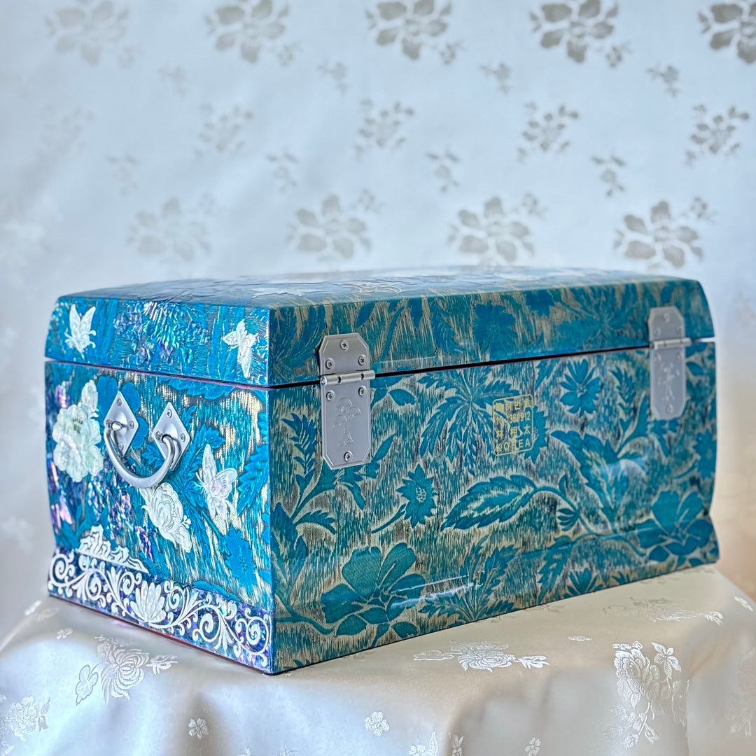 Cyan Blue Silk-Layered Korean Mother of Pearl Wooden Jewelry Box with Peony and Butterfly Pattern