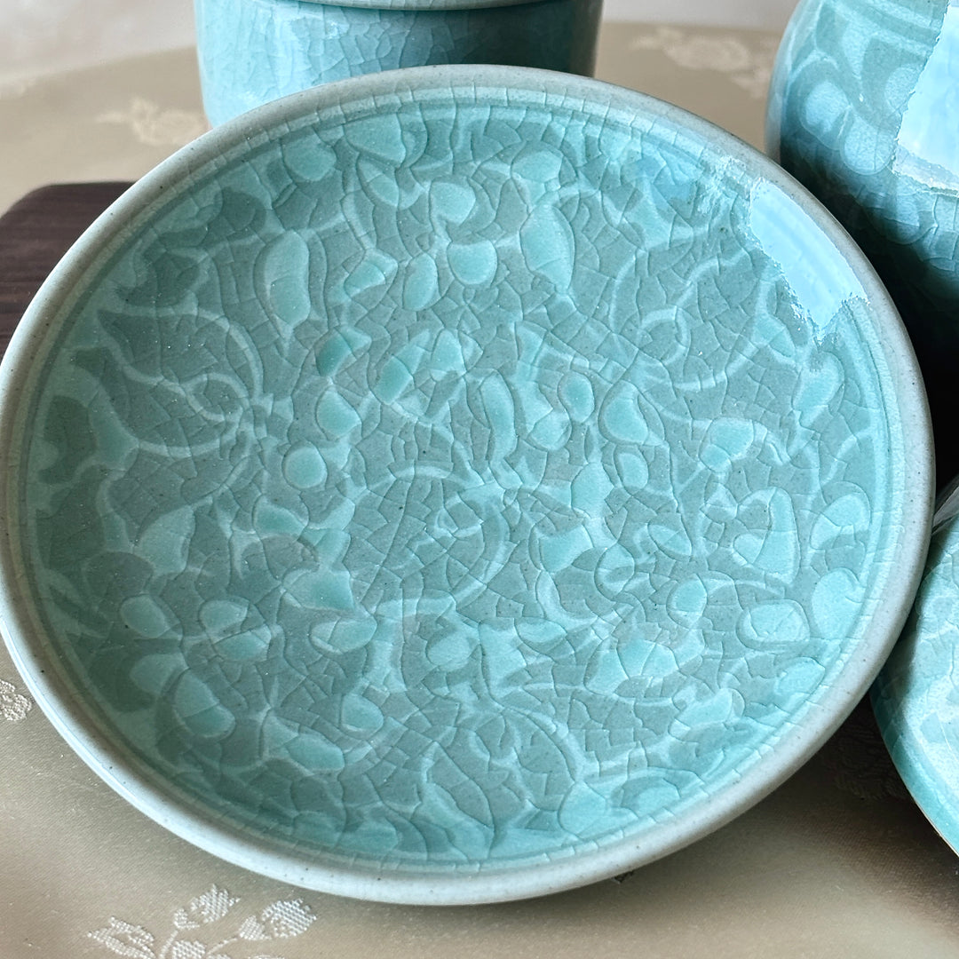 Celadon Lidded Teacup Pair: Reverse Inlaid Peony Motif with White Clay Inlay