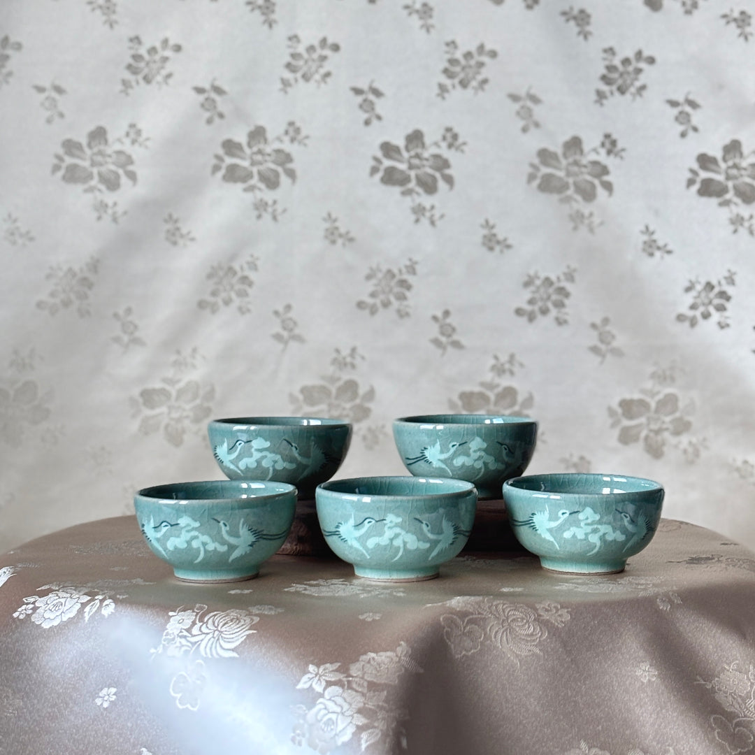 Celadon Cup Set: Inlaid Crane and Cloud Motifs