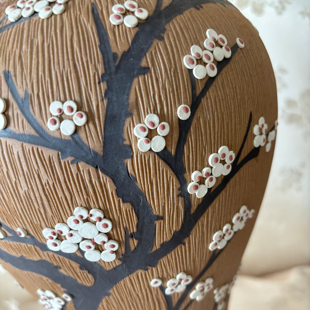 Unglazed Ceramic Maebyeong Jar with Lid: Inlaid Plum Blossom Branches
