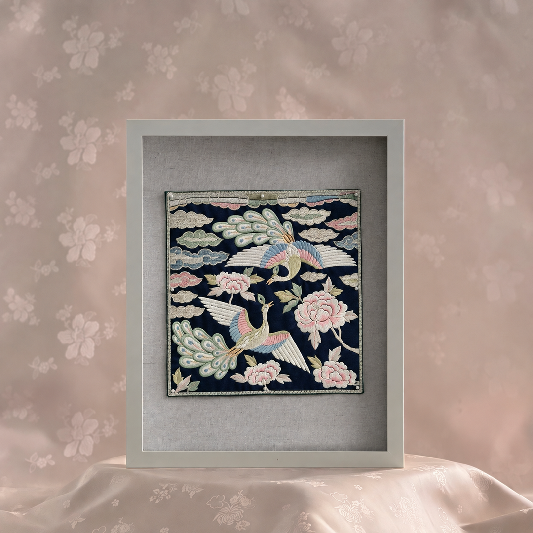 Embroidered Art Panel: Double Peacock and Peony Motif on Deep Navy Ground