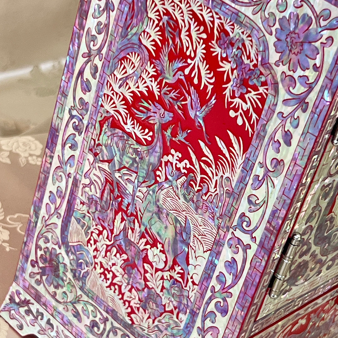 Mother-of-Pearl Double-Door Jewelry Chest: Longevity Motif, Red Ground