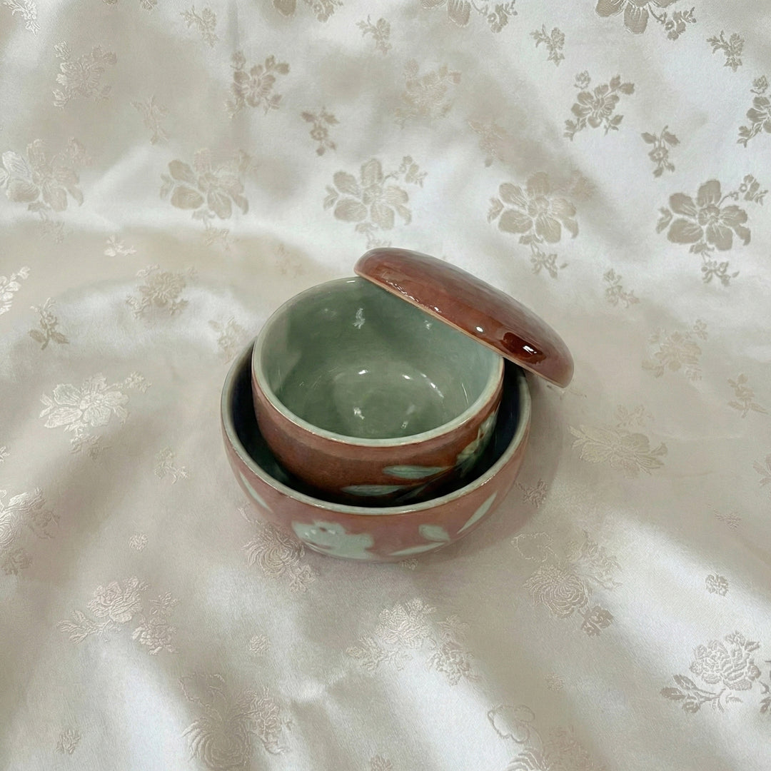 Dongwha Celadon Bowl (Jubal) Set: Copper-Red Slip and Carved Peony Motif