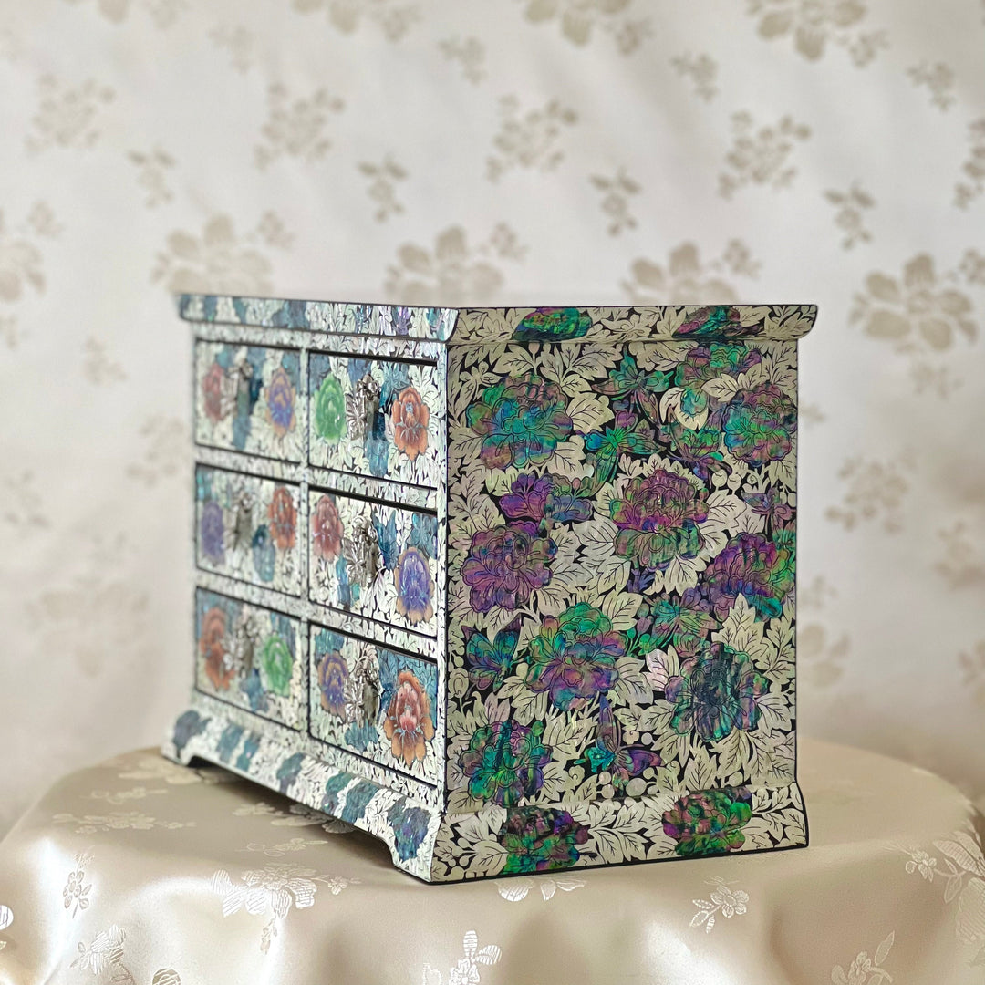 Mother of Pearl Jewelry Chest: Peony and Butterfly Motif in Scholar’s Desk Form