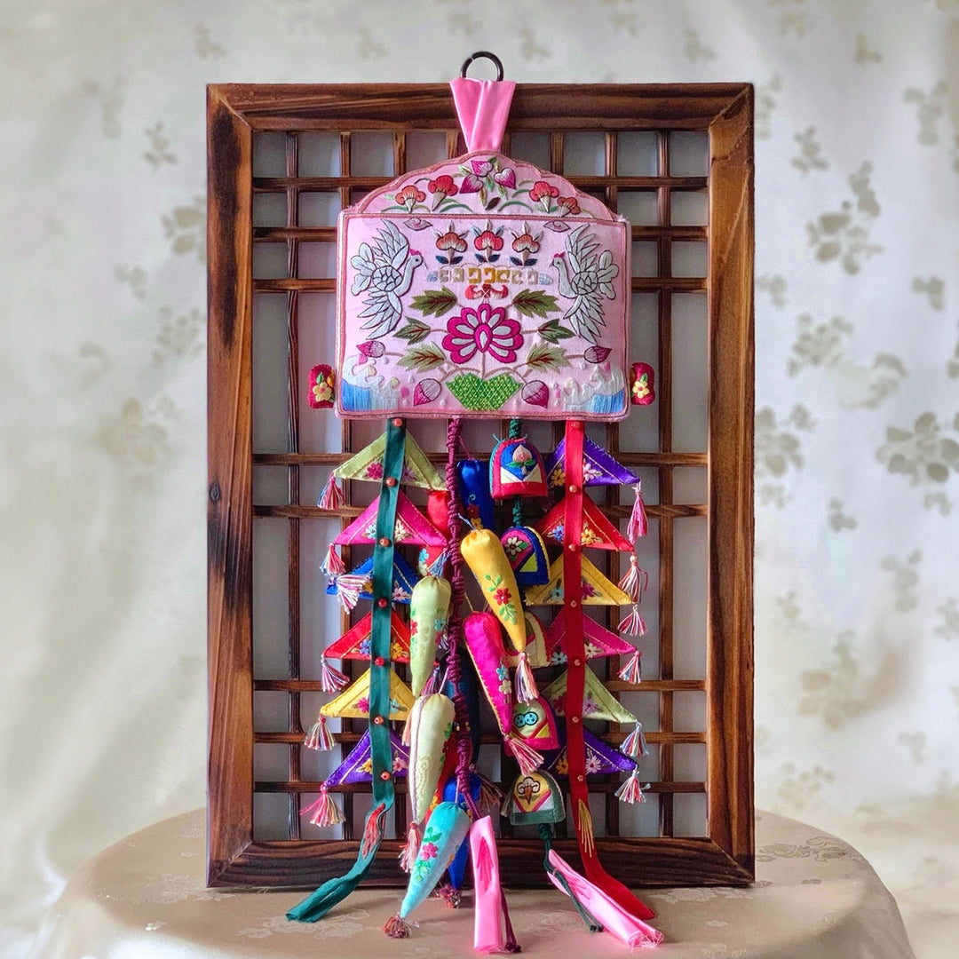 Key Tessel (Norigae) Accessory and Ornament for Luck with Wooden Frame Option (손수 쌍학 열쇠패 노리개)