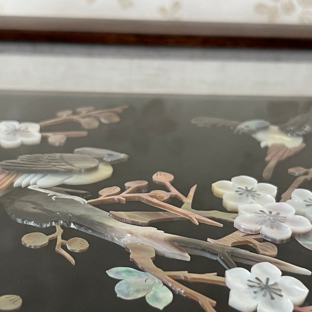 Mother-of-Pearl Art Panel: Horizontal Format, Whole Shell with Plum Blossom Tree and Bird Motif