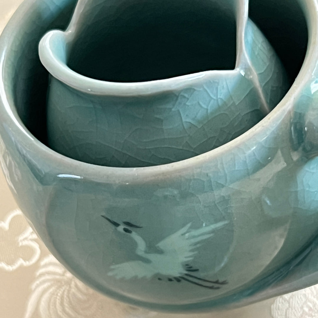 Celadon Tea Cup: Crane Egg Shaped, Inlaid Crane and Cloud Motif