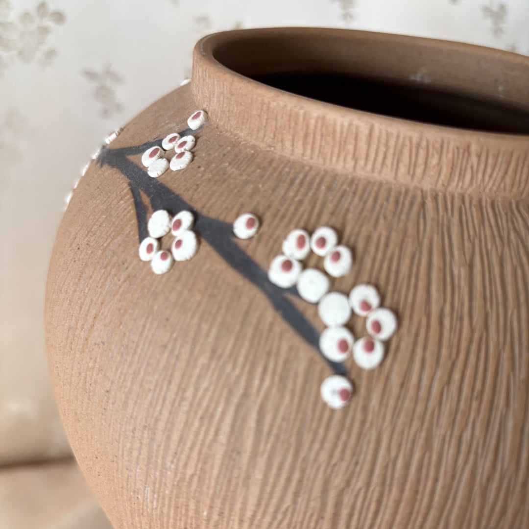 Unglazed Ceramic Maebyeong Jar with Lid: Inlaid Plum Blossom Branches