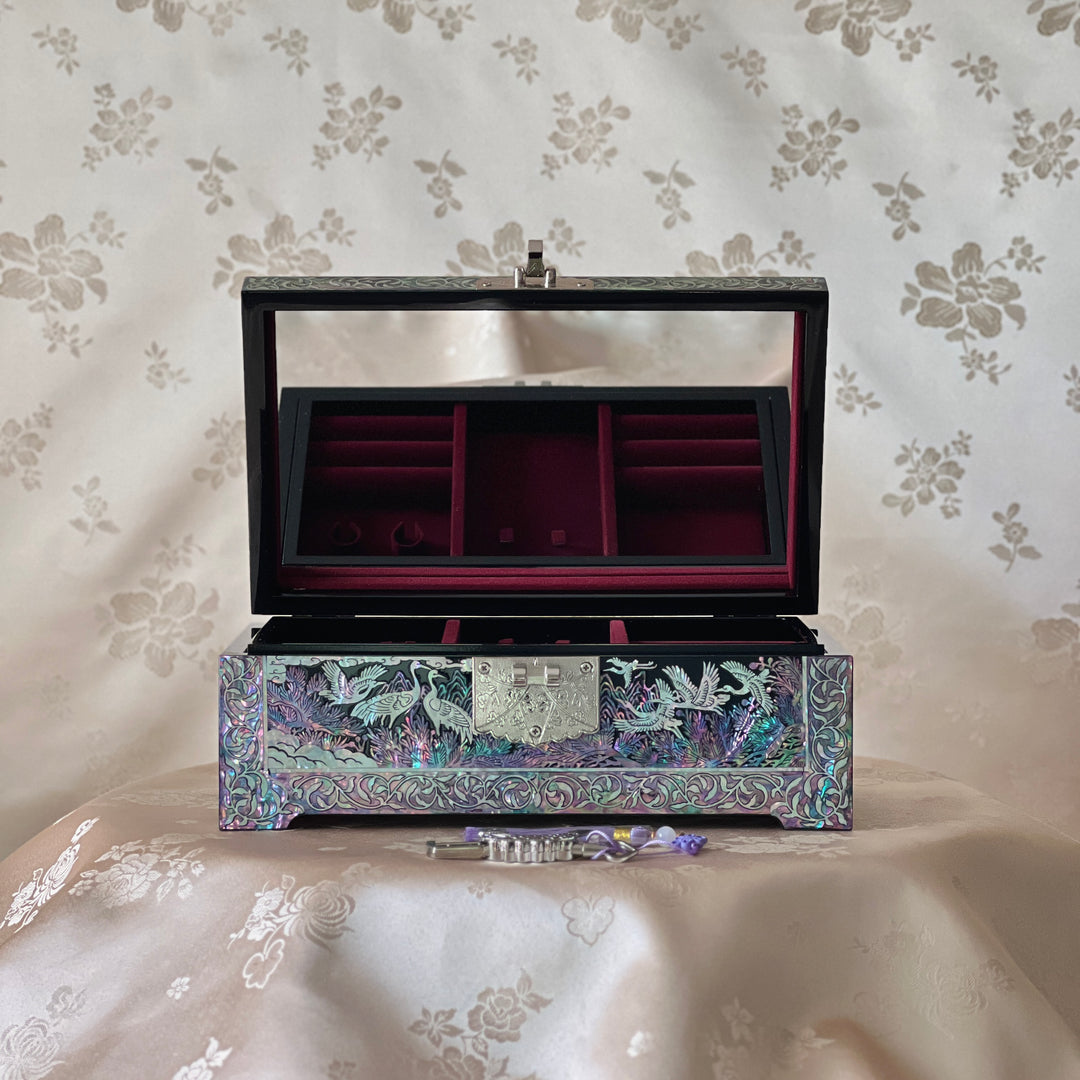 Mother-of-Pearl Jewelry Box: Auspicious Mountain Landscape with Cranes