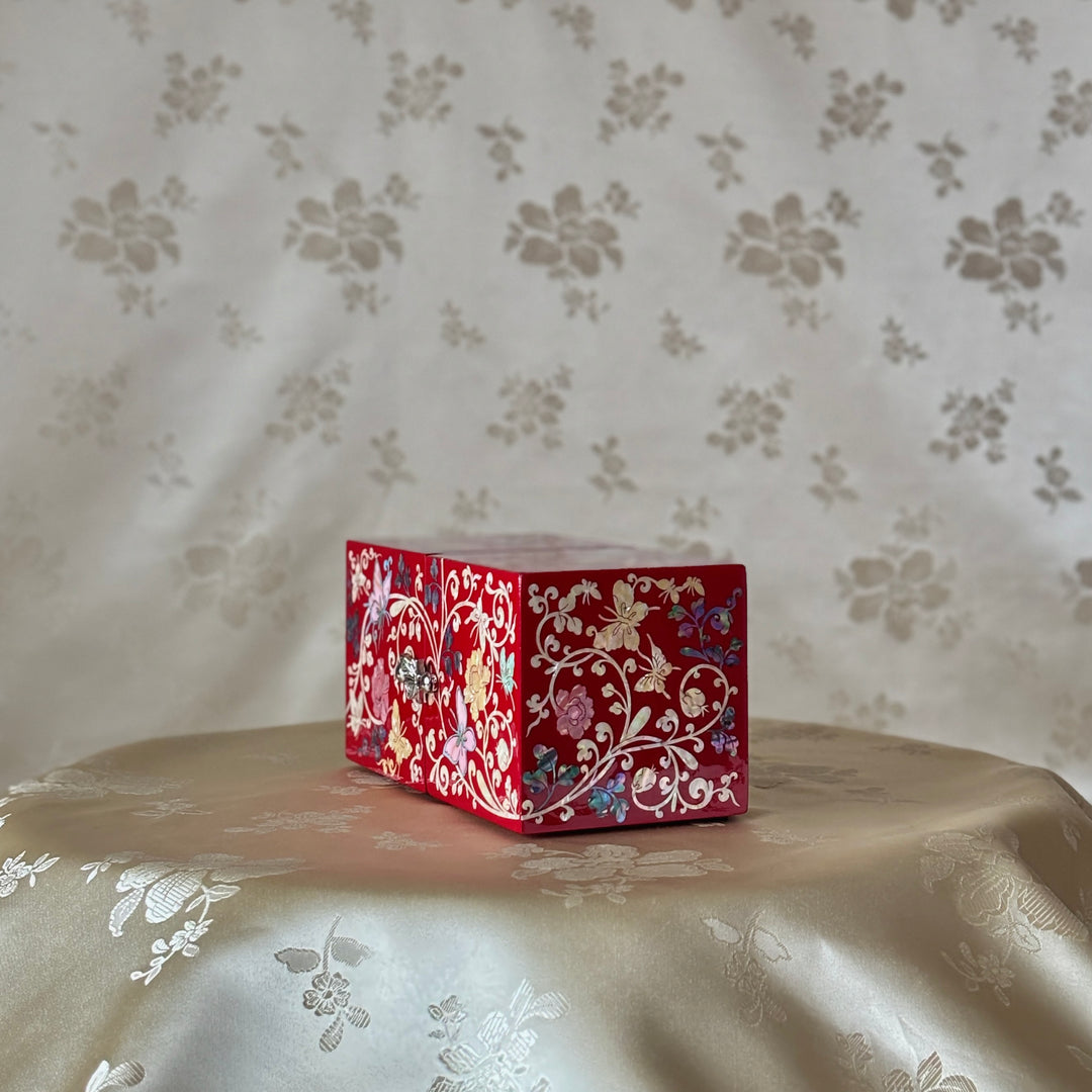 Mother-of-Pearl Double Jewelry Chest: Vivid Red Surface with Butterfly and Vine Motif