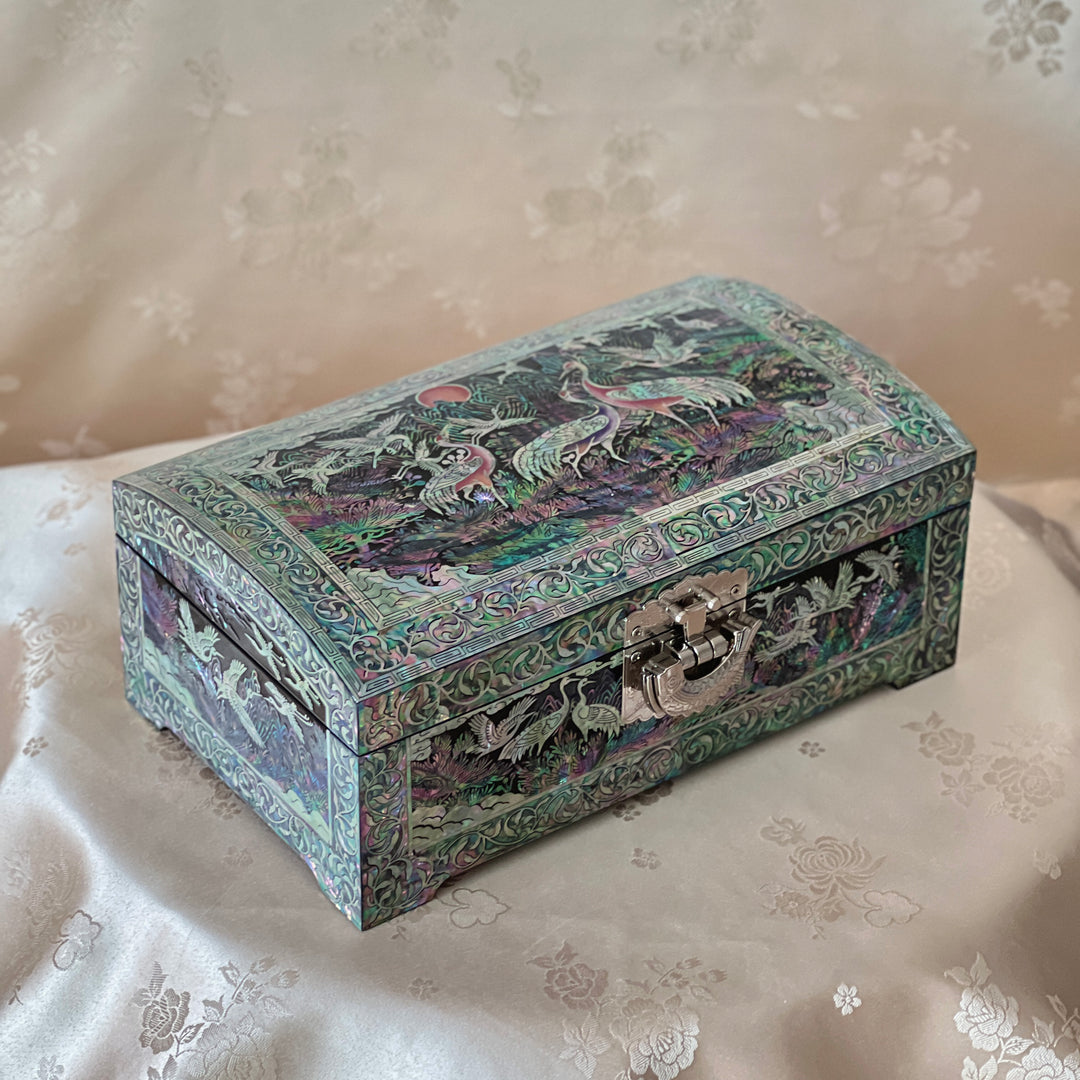 Mother-of-Pearl Jewelry Box: Auspicious Mountain Landscape with Cranes