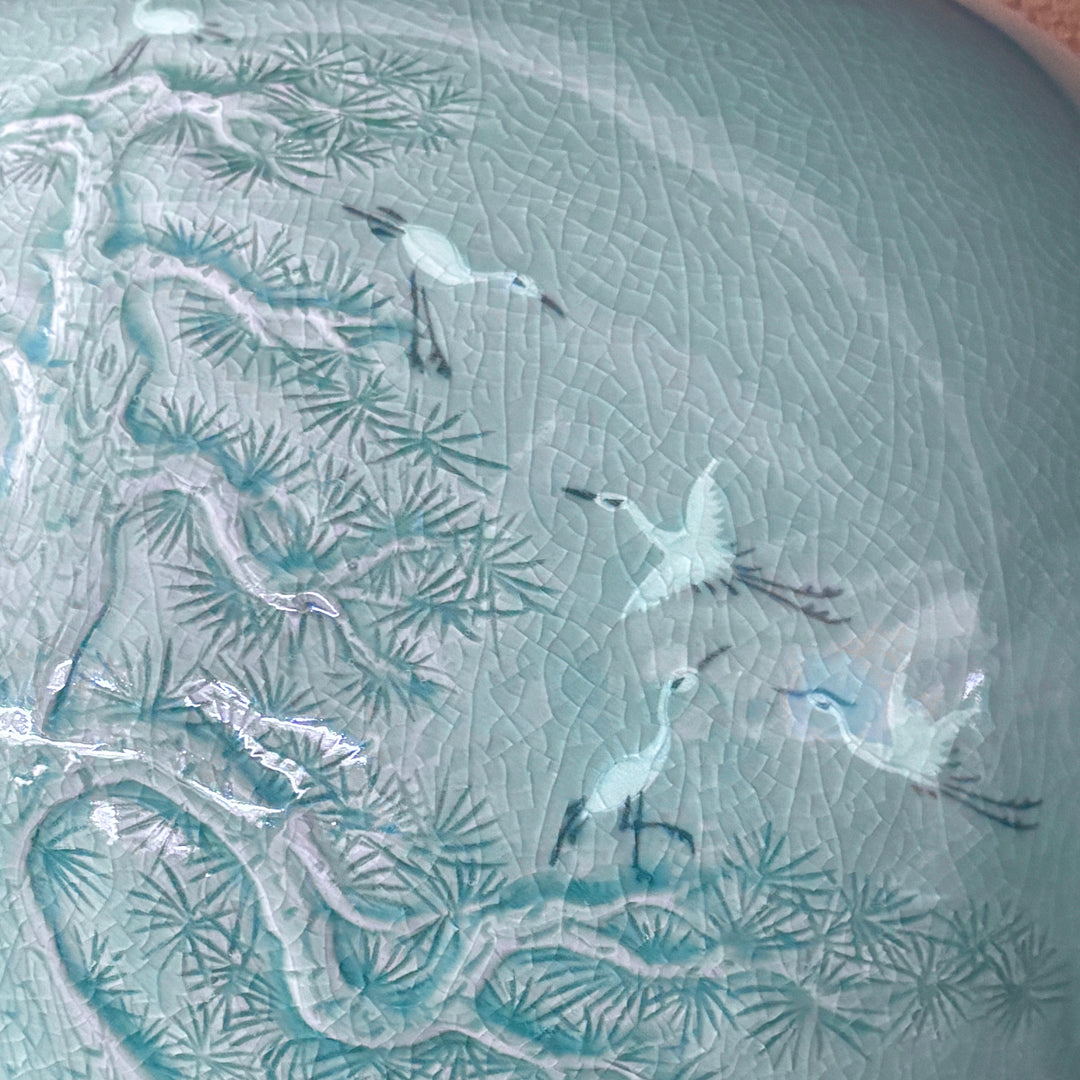 Celadon Jar (Ho): Pine in Relief and Inlaid Crane Motif by Master Artisan