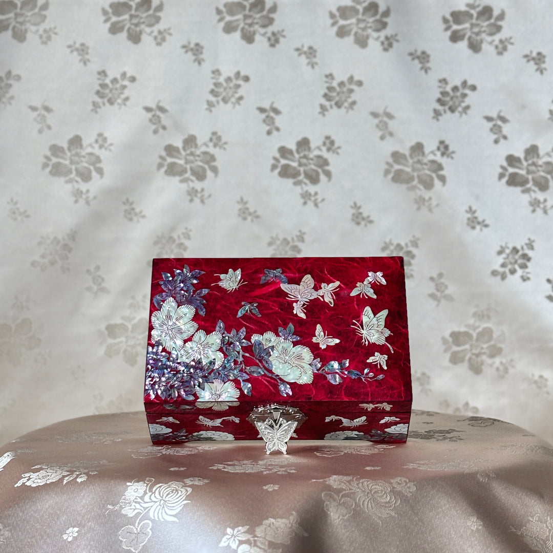 Mother of Pearl Jewelry Box: Butterfly and Plum Blossom Motifs on Red Hanji