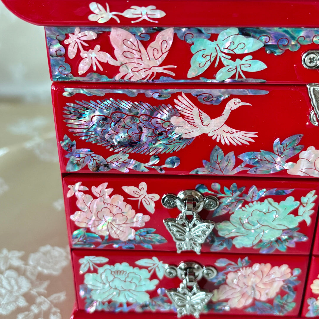 Mother-of-Pearl Jewelry Chest: Red Body with Peacock Motif in Scholar’s Desk Form