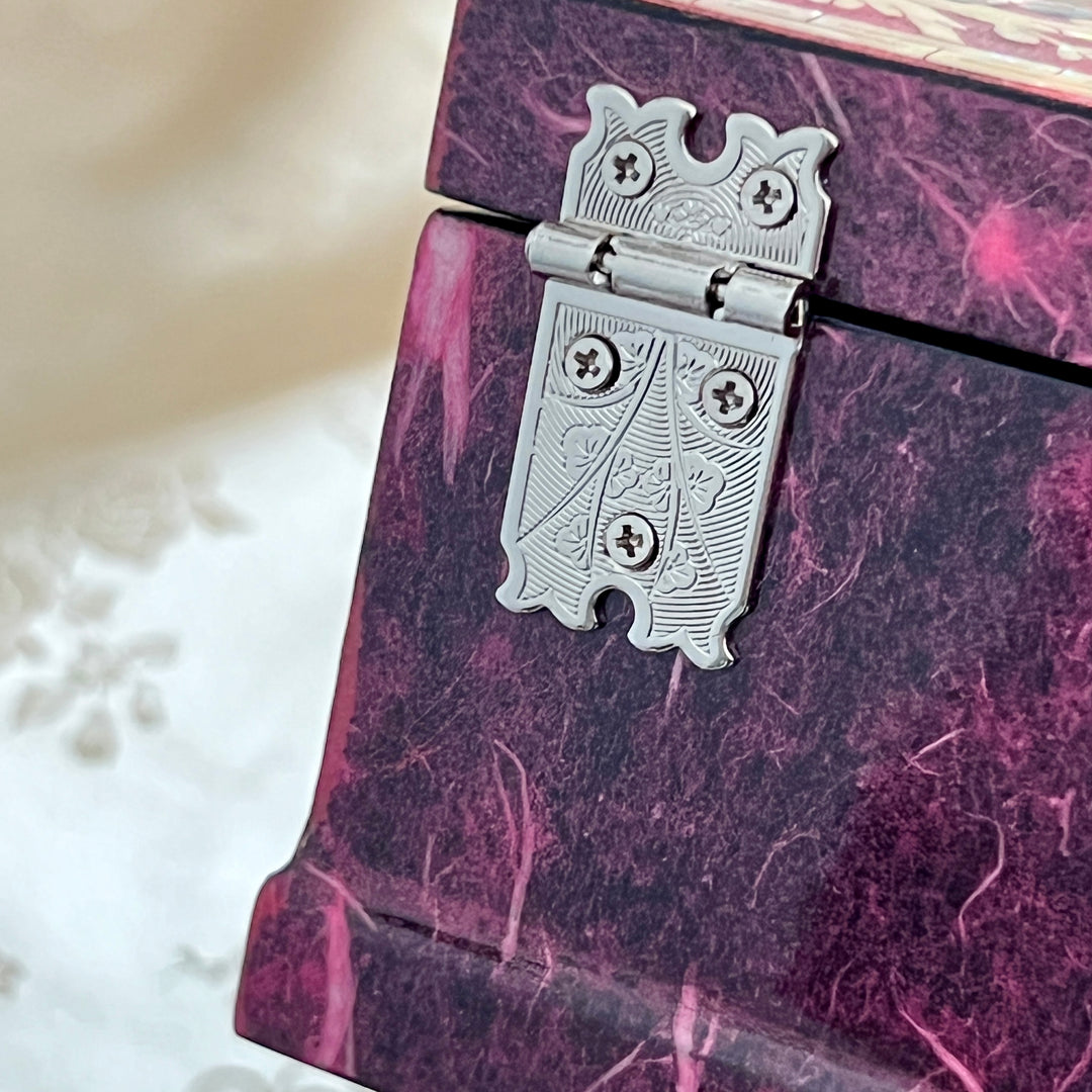 Mother of Pearl Jewelry Box: Peacock and Peony Motif on Deep Purple Hanji Body