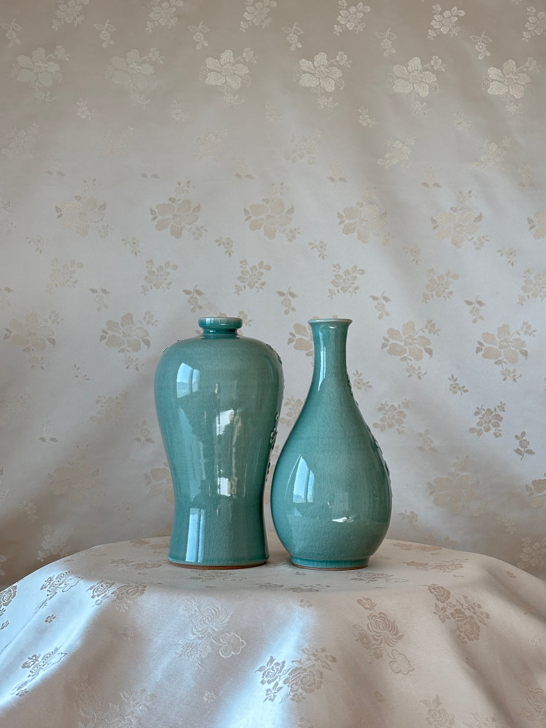 Korean celadon Maebyeong and Jubyeong Vase Set: with Plum Blossom Motif