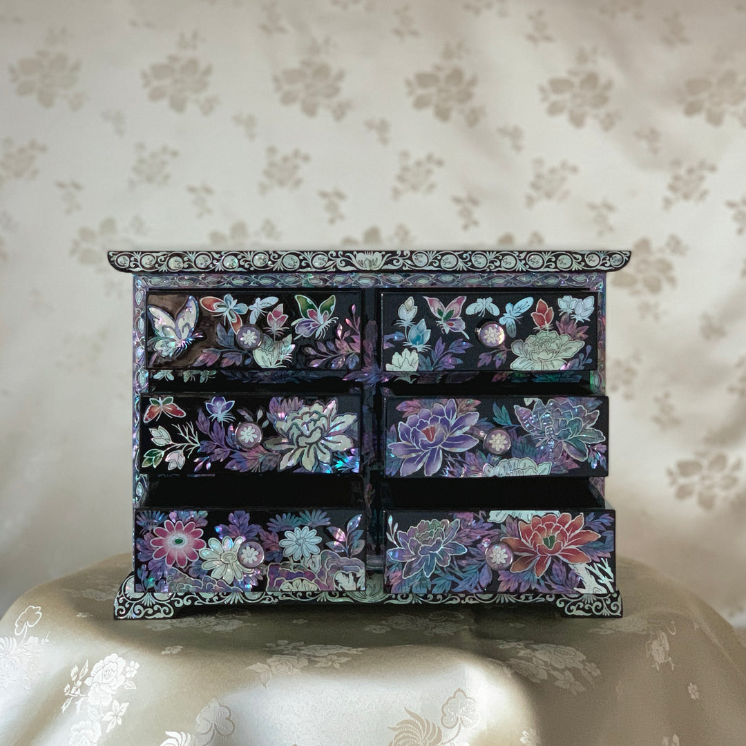 Mother of Pearl Wooden Jewelry Box with 6 Drawers and Pattern of Butterfly and Peony (자개 호접 목단문 설합 보석함)