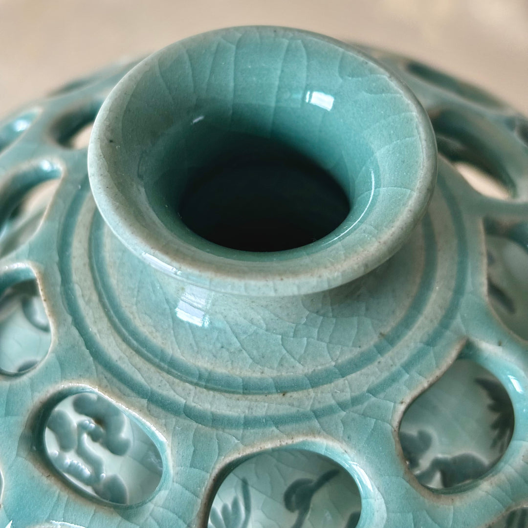 Celadon Double Wall Openwork Vase with Engraved Crane and Cloud Pattern