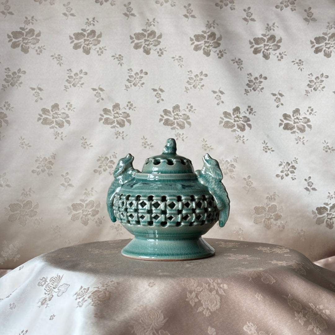 Celadon Incense Burner: Double-Wall Openwork with Inlaid Crane Motif and Dragon Handles