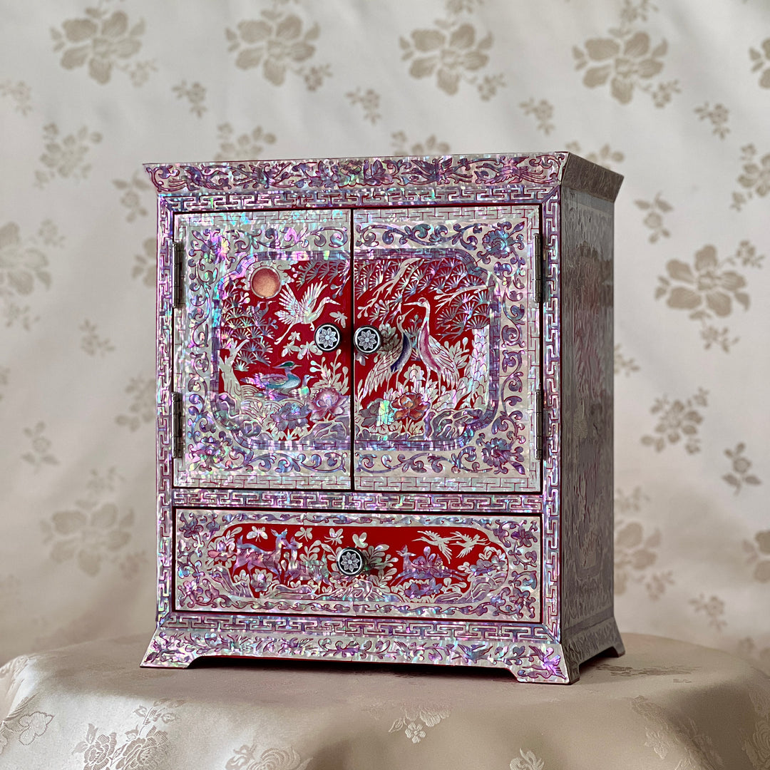 Mother-of-Pearl Double-Door Jewelry Chest: Longevity Motif, Red Ground
