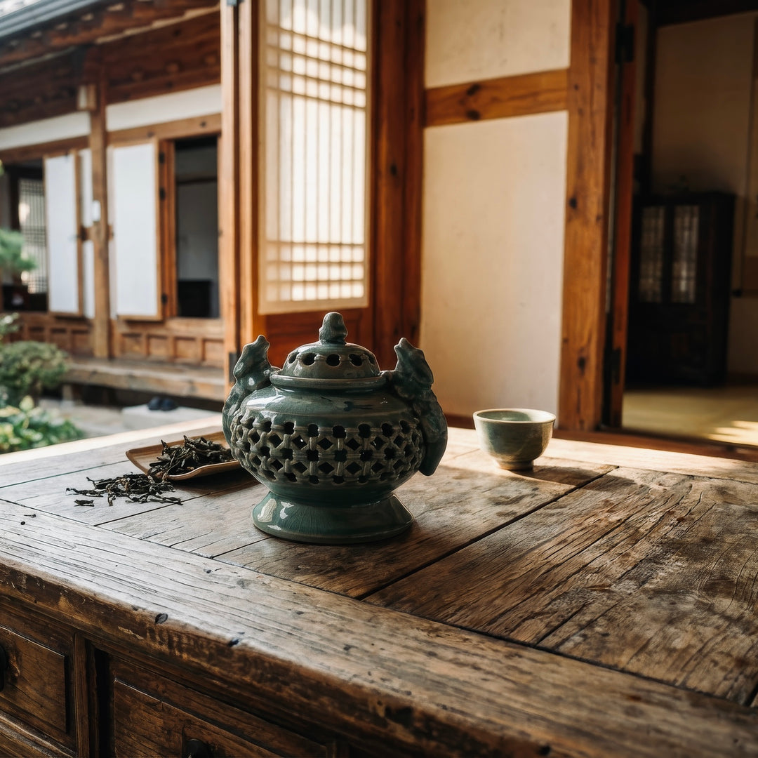 Celadon Incense Burner: Double-Wall Openwork with Crane Motif and Dragon Handles