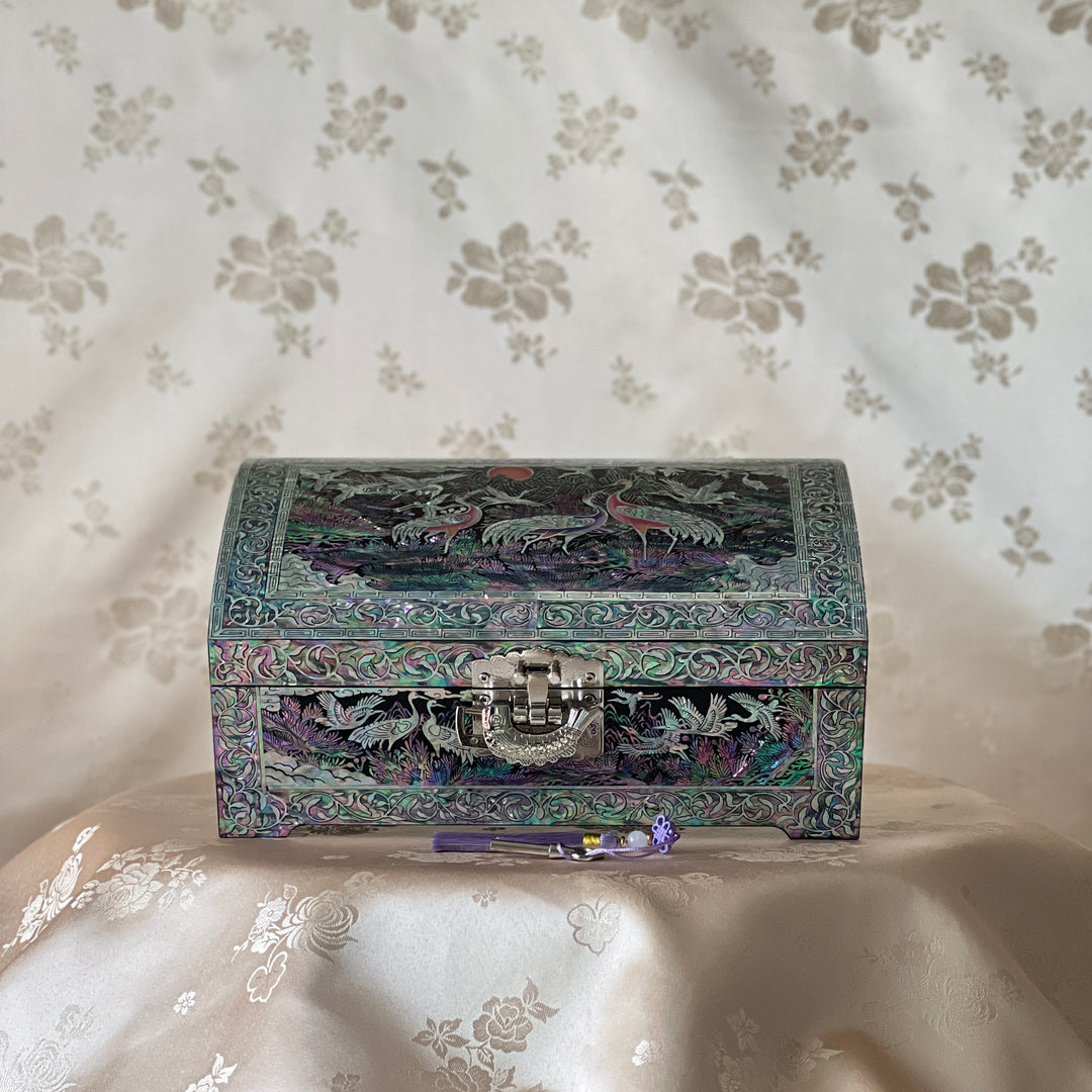 Mother-of-Pearl Jewelry Box: Auspicious Mountain Landscape with Cranes