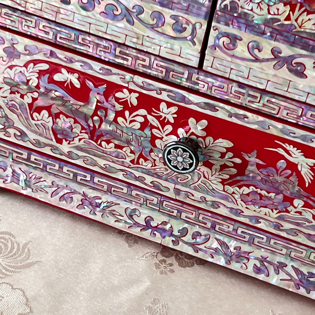 Mother-of-Pearl Double-Door Jewelry Chest: Longevity Motif, Red Ground