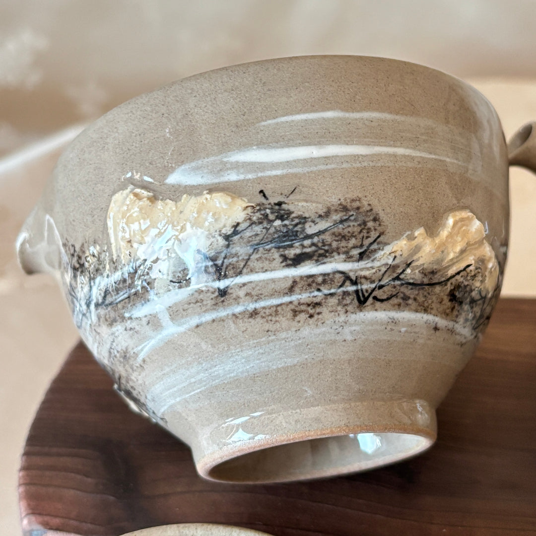 Buncheong Tea Set (Dagi): Relief-Applied Snowy Landscape Motif by Master Artisan, 5-Person Set