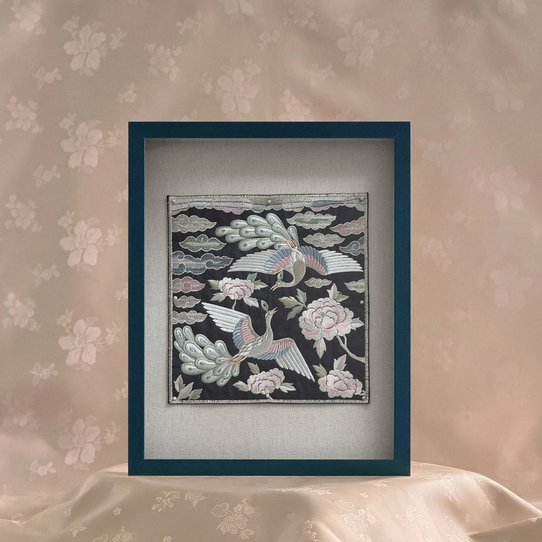 Embroidered Art Panel: Peacock Pair and Peony Motif on Navy Ground