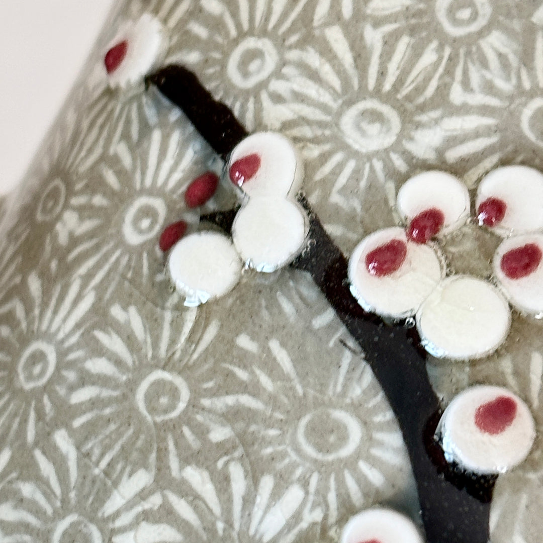 Buncheong Maebyeong and Jubyeong Vase Set: Stamped Chrysanthemum Ground with Plum Blossom Motif