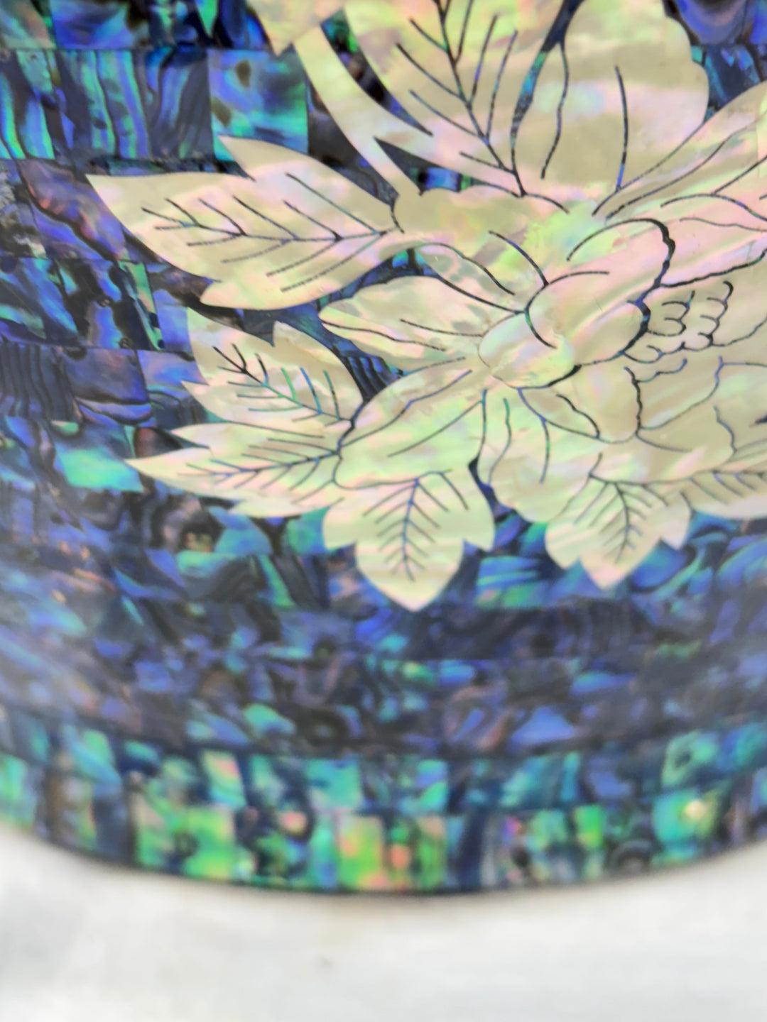 Mother-of-Pearl Ceramic Vase: Butterfly and Peony Motif on Deep Blue Abalone