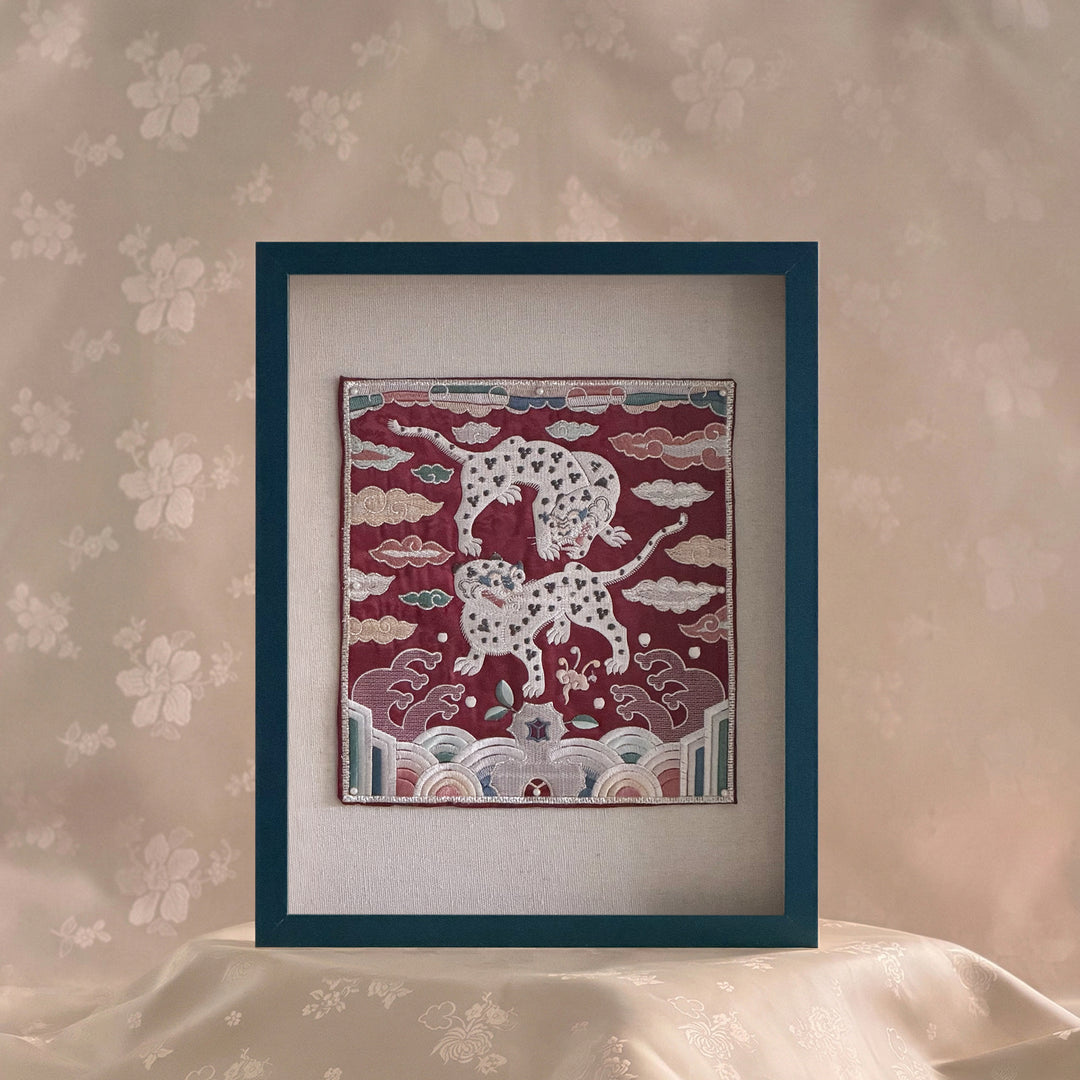 Embroidered Art Panel: Tiger Pair Motif on Red Ground