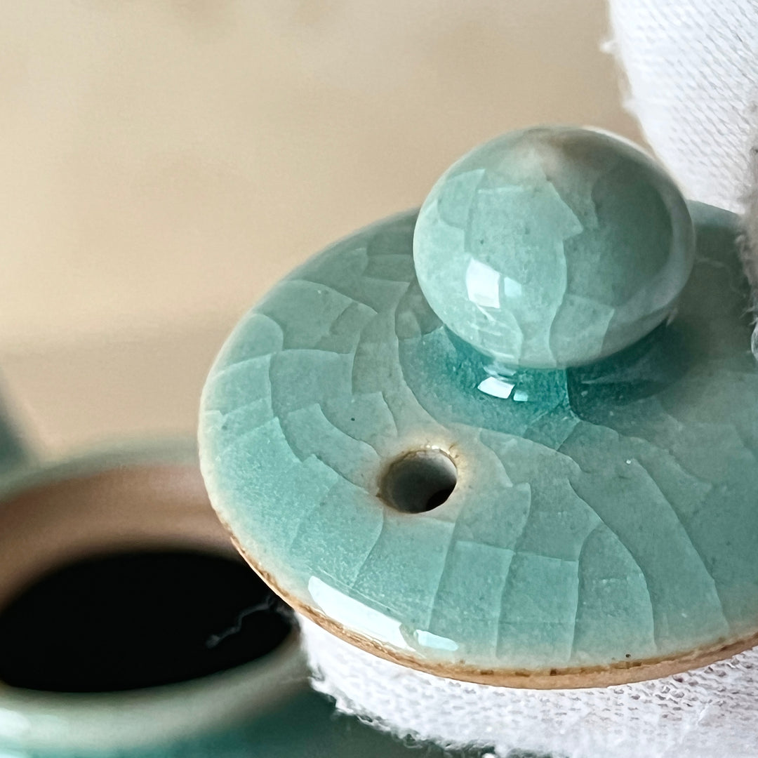 Celadon Tea Set (Dagi): Inlaid Crane and Cloud Motif, 2-Person Set, Round Shape