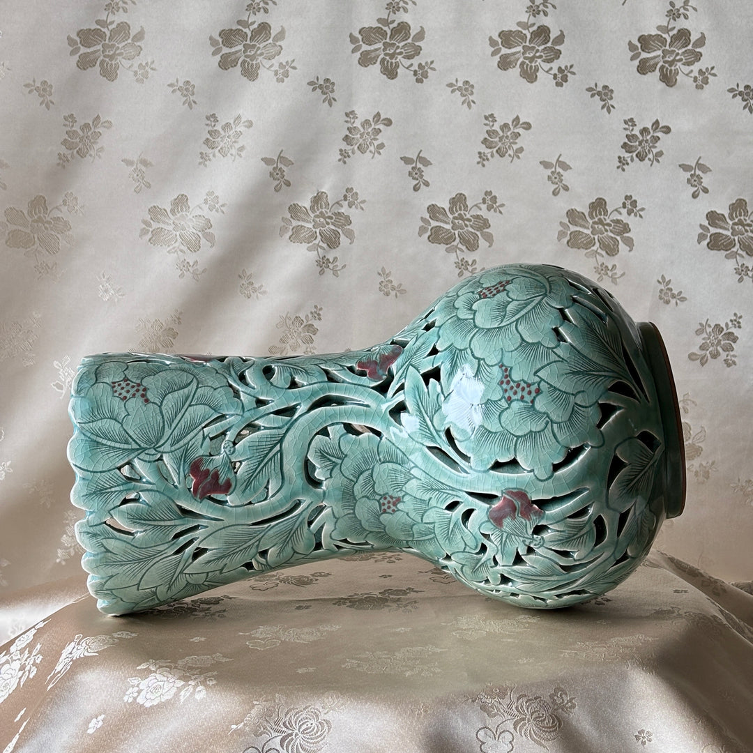 Grand-Scale Celadon Openwork Long Vase: White Slip Sgraffito (Bakji) with Peony Motif