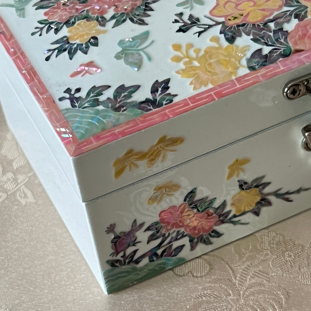 Mother-of-Pearl Jewelry Box: Peony and Bird Floral Motif on White Ground