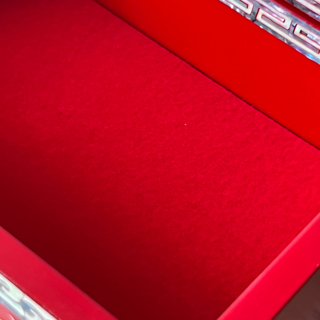 Mother-of-Pearl Double-Doored Jewelry Chest: Grand Scale, Longevity Motif on Red Ground